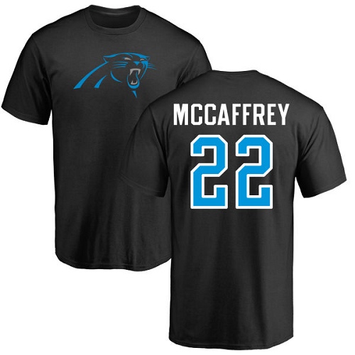 Carolina Panthers Men Black Christian McCaffrey Name and Number Logo NFL Football #22 T Shirt->women nfl jersey->Women Jersey